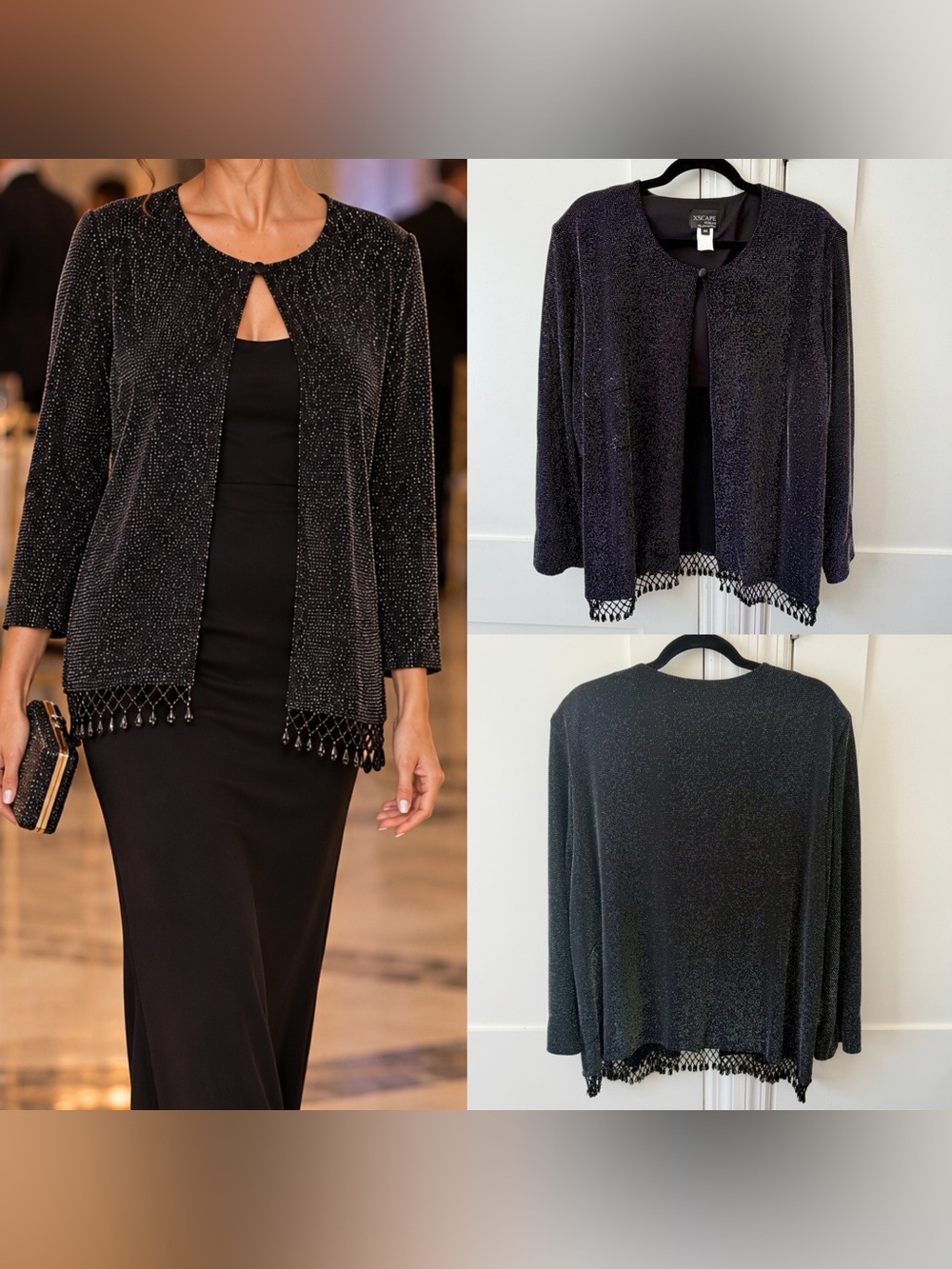 Xscape Y2K Metallic Beaded Fringe Evening Jacket Black Sz 3X